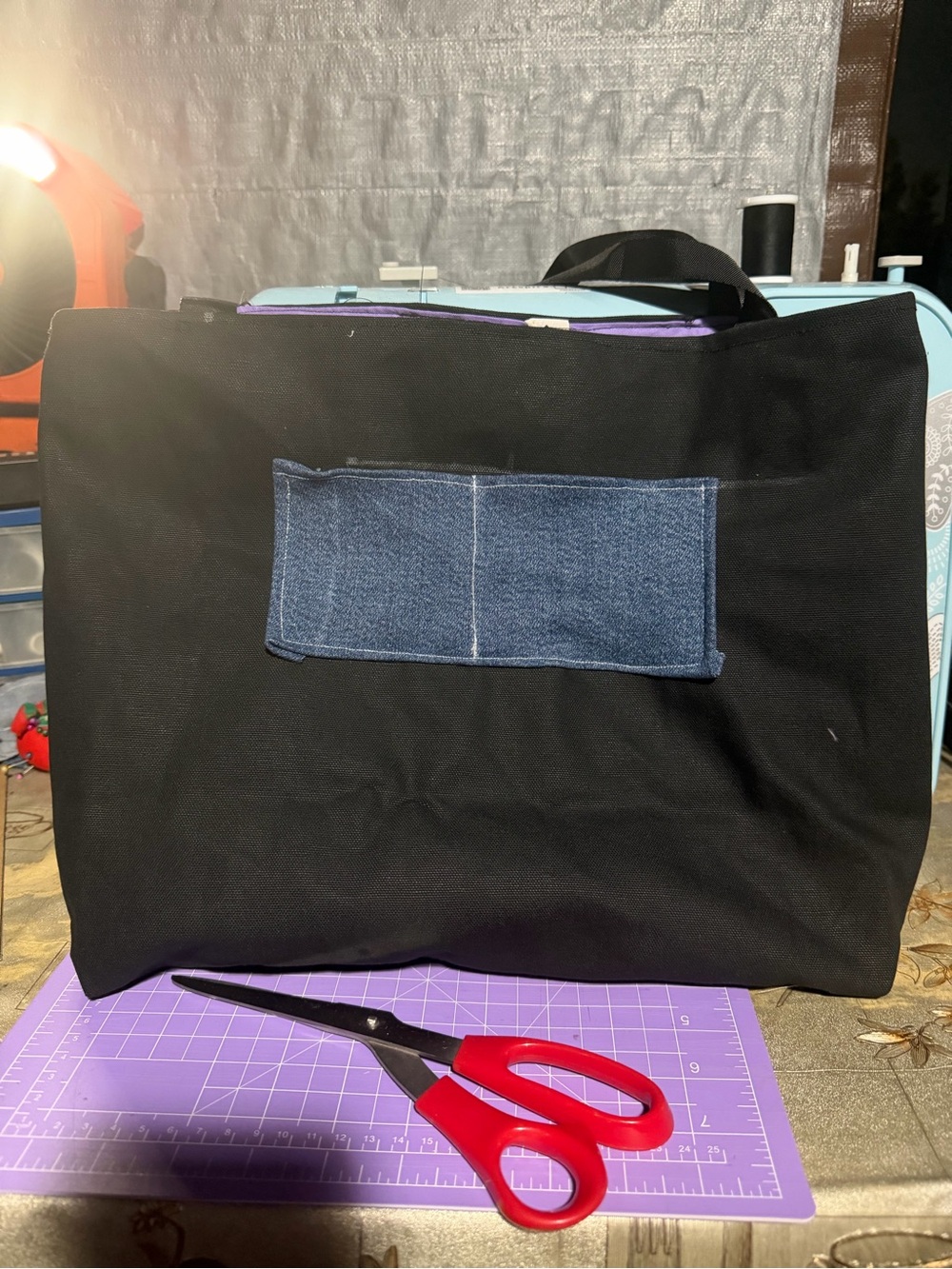 Source Unknown Black Tote with Denim Pocket and Red Accentstote bag